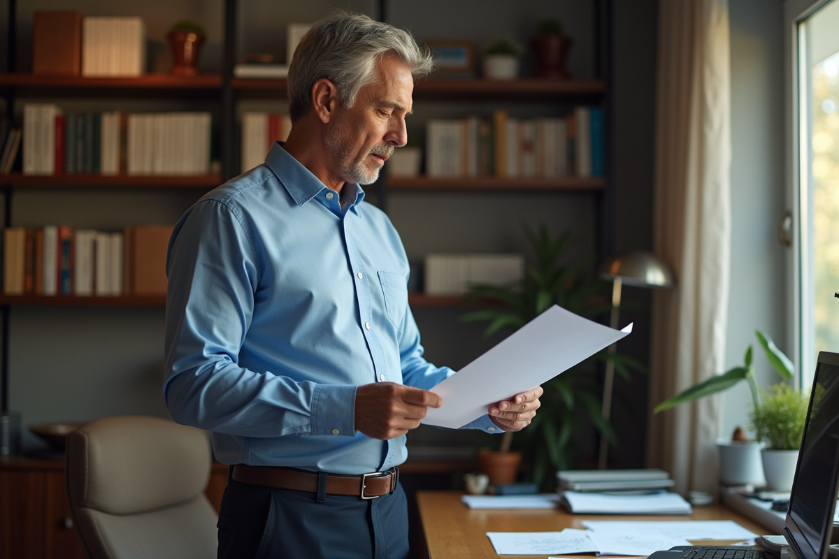 Homme en chemise bleue lit une lettre de motivation chez lui