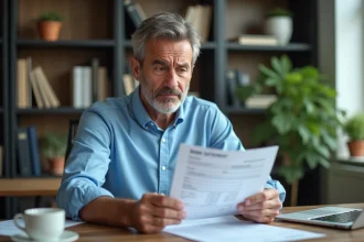 Homme d'âge moyen regardant un relevé bancaire dans un bureau