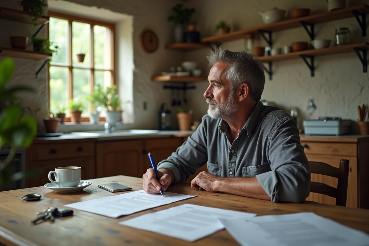 Homme d age moyen avec papiers dans un cadre cosy et naturel