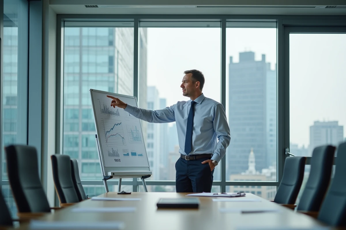 Homme d affaires présente un graphique de croissance en réunion