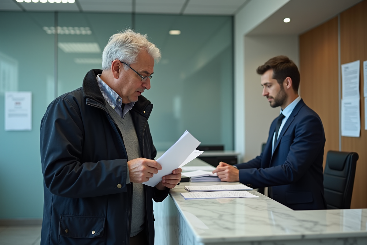Homme remettant papiers dans un bureau administratif