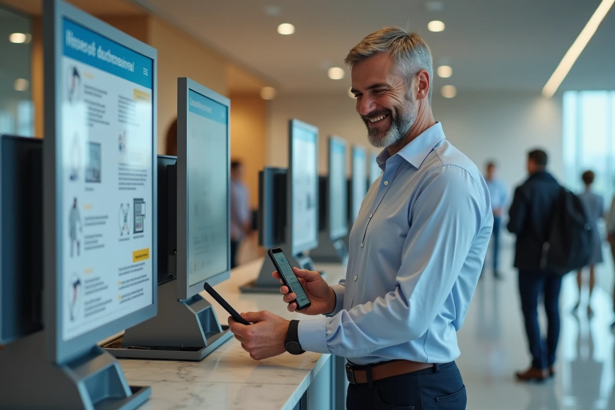 Homme souriant v&eacute;rifiant son smartphone dans un b&acirc;timent public