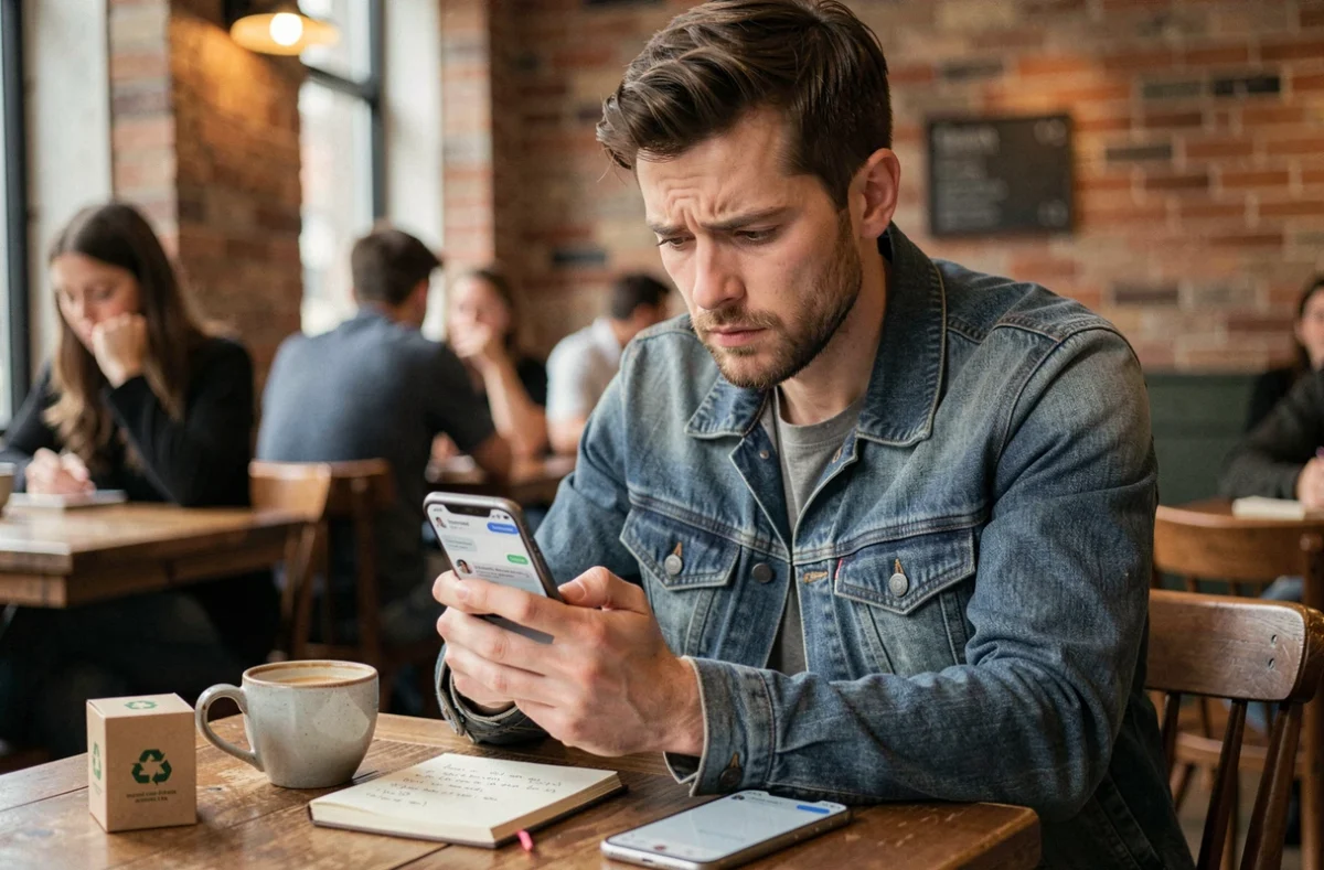 Homme consulté le service client en ligne de Backmarket sur son téléphone dans un café urbain