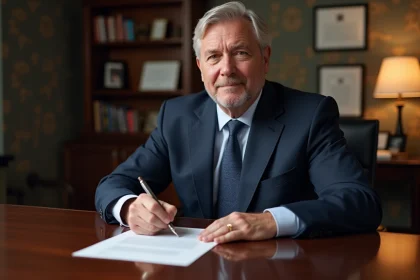 Homme d'&acirc;ge moyen signant une lettre de remerciement