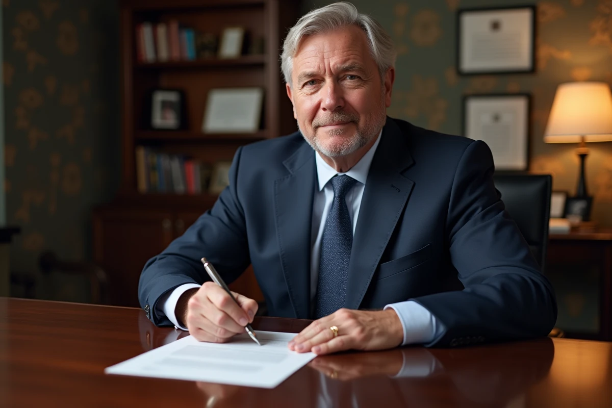 Homme d'âge moyen signant une lettre de remerciement