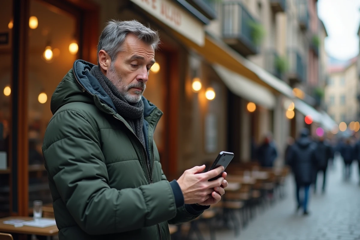 Homme regardant son smartphone dans un café en ville animé
