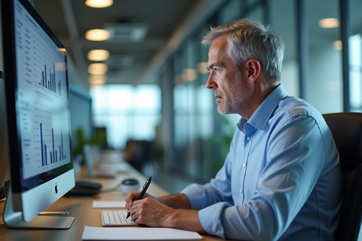 Homme au travail avec écran et notes dans un espace de travail