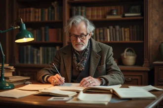 Homme âgé lisant des documents anciens dans un bureau chaleureux