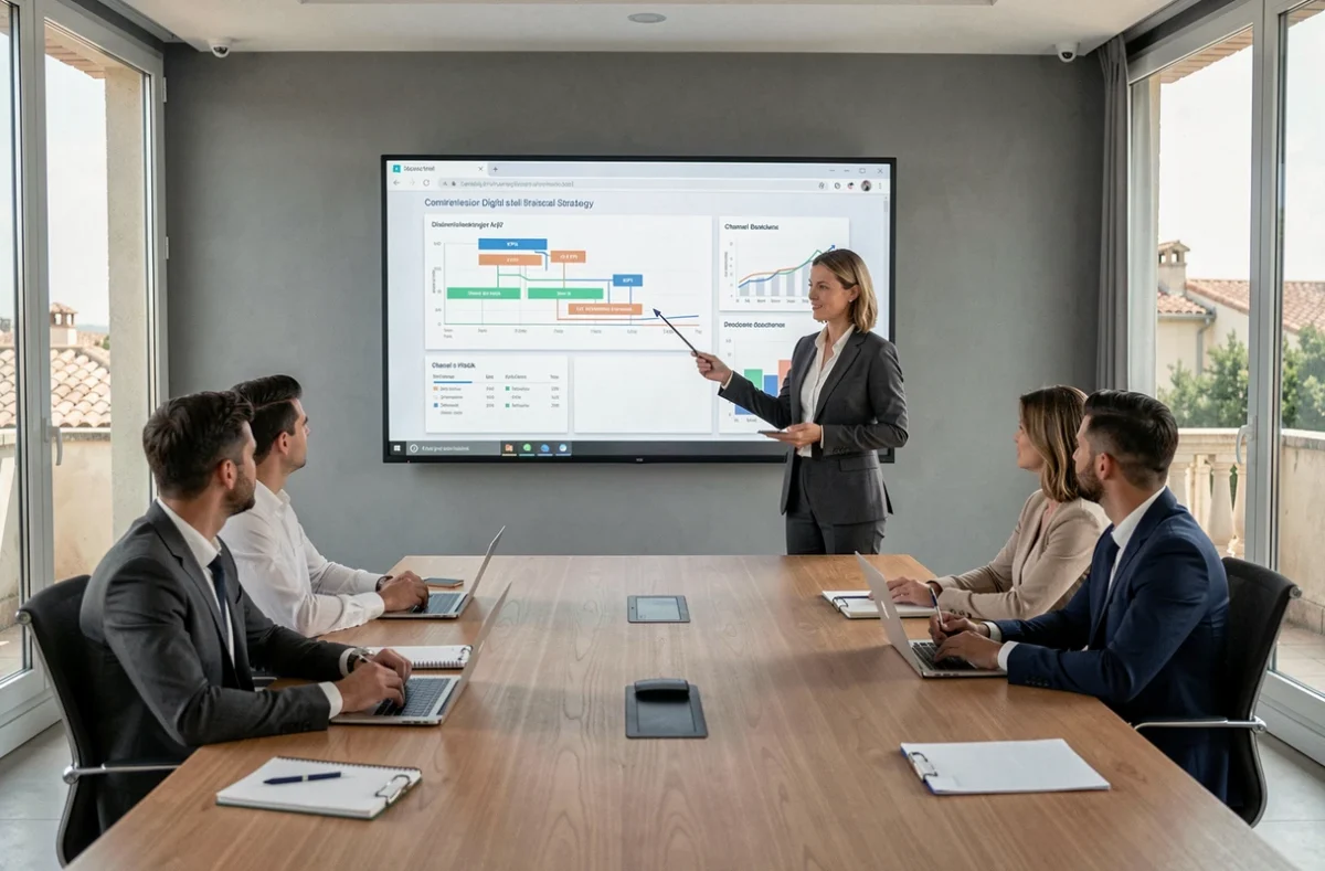 Stratège digitale de l'agence Horizon présentant une stratégie numérique complète sur mesure lors d'une réunion client dans une salle de conférence moderne