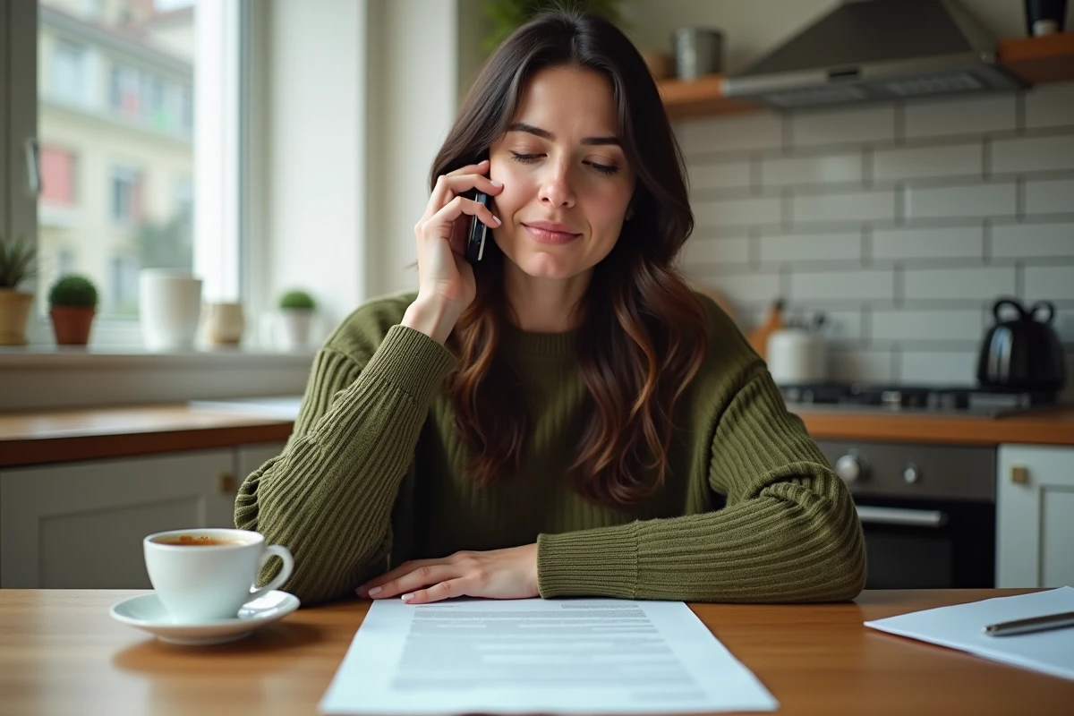 Travailleuse indépendante lisant une lettre Urssaf et contactant l'organisme par téléphone depuis sa cuisine