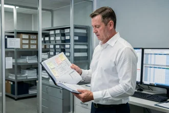 Ingénieur qualité consultant un dossier de construction technique lors d'un audit de conformité réglementaire