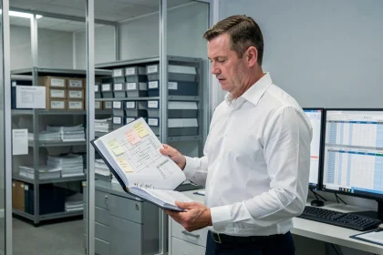 Ingénieur qualité consultant un dossier de construction technique lors d'un audit de conformité réglementaire