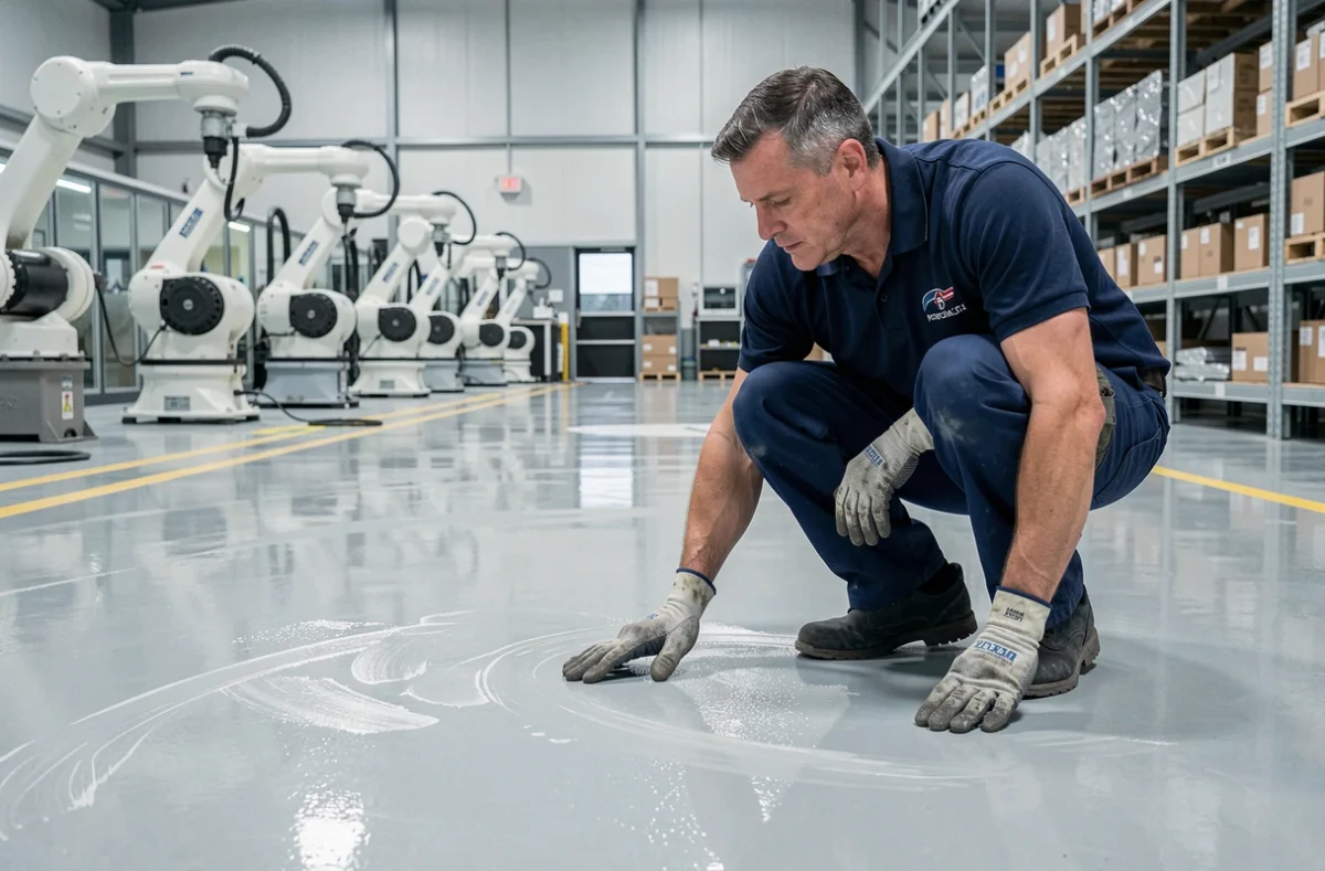 Superviseur de nettoyage industriel inspectant un sol en époxy propre dans une usine de fabrication automobile