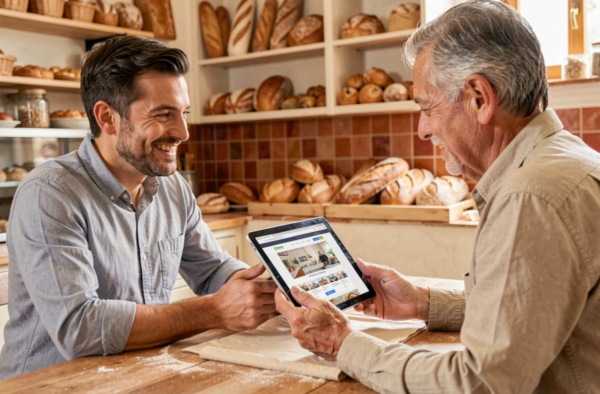 Consultant de l'agence Jalis présentant un site web professionnel à un artisan boulanger local dans l'Hérault sur une tablette