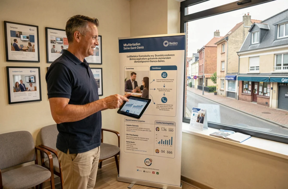 Responsable de JEMP Communication présentant un plan de campagne multimédia avec bannière rollup et tablette dans un bureau professionnel