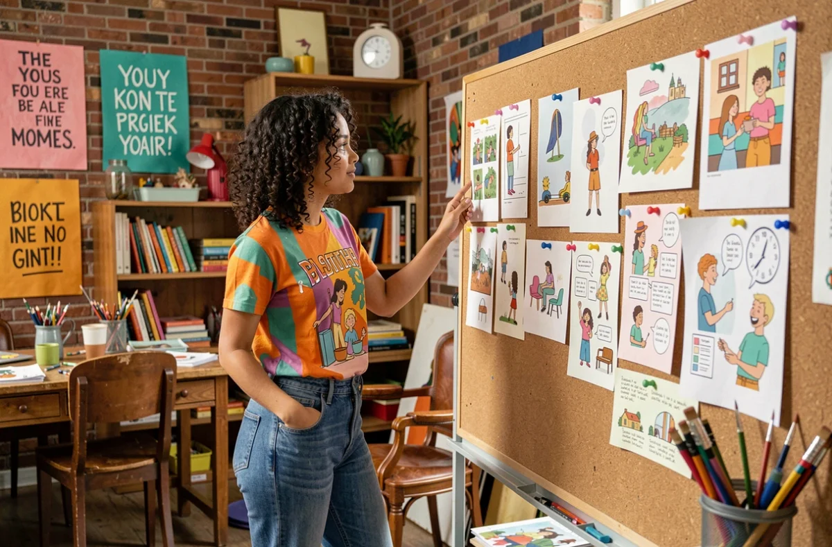 Créative de l'agence Jesuisunepipelette présentant des planches illustrées dans un studio atelier coloré et original