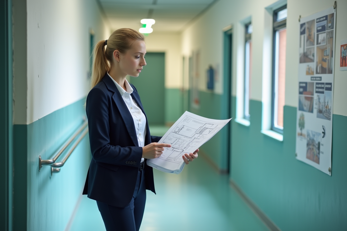 Jeune architecte examinant des plans dans un couloir scolaire