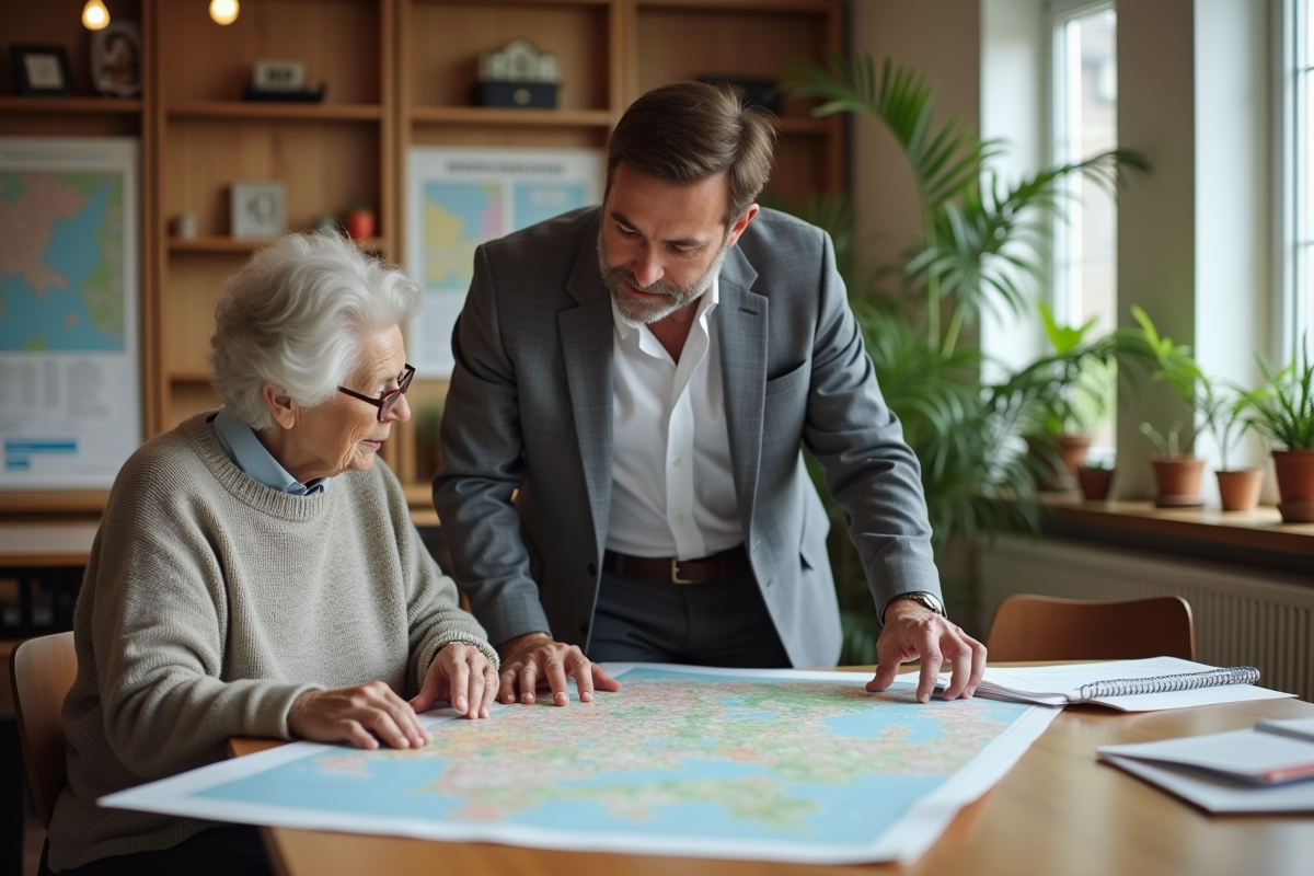 Jeune conseiller montre une carte à une femme âgée en intérieur