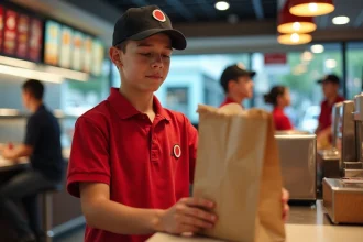 Jeune employé de 16 ans en uniforme de fast food servant une commande au comptoir d'un restaurant McDonald's