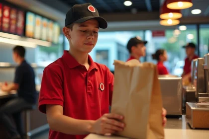 Jeune employé de 16 ans en uniforme de fast food servant une commande au comptoir d'un restaurant McDonald's