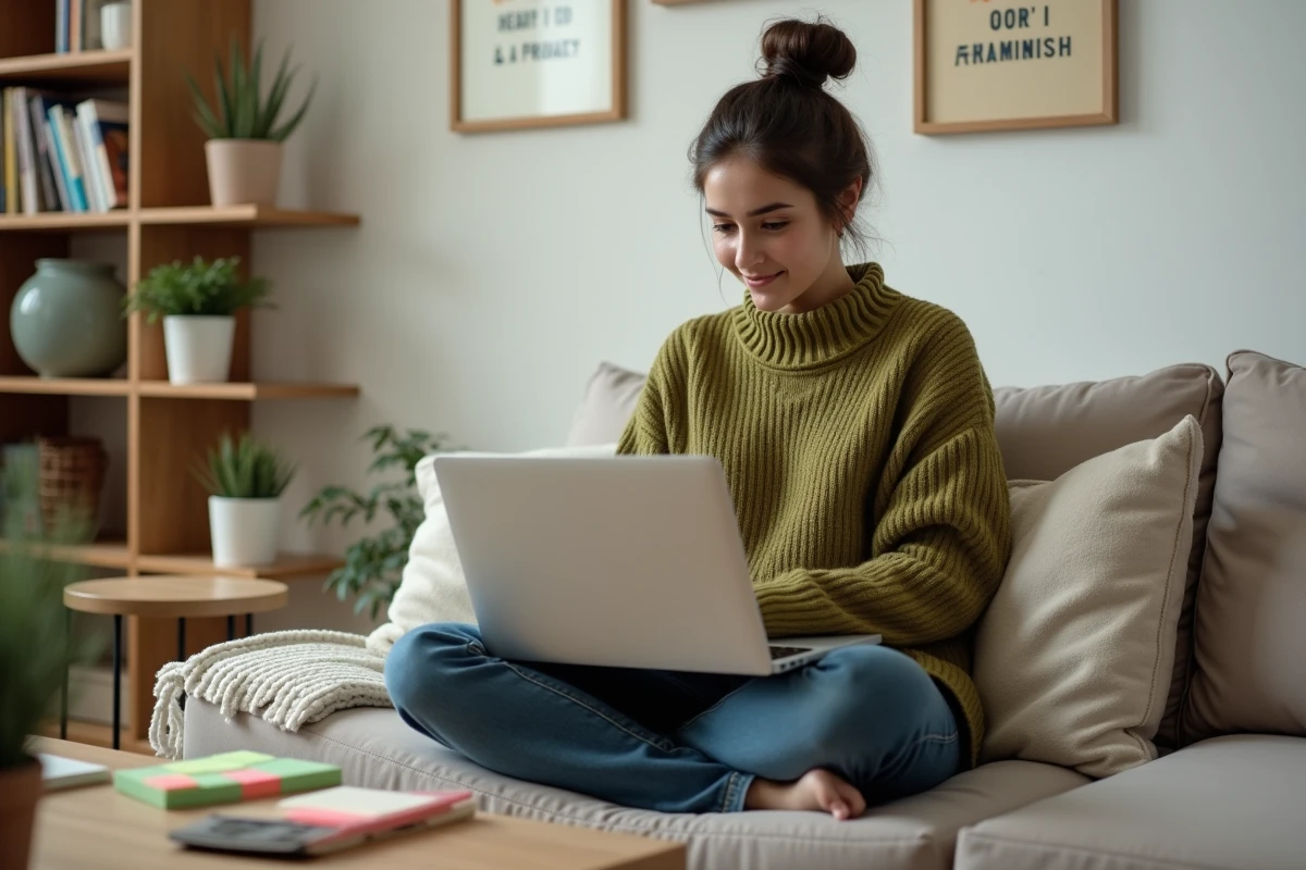 Jeune entrepreneuse consultant un site d'aides financières depuis son bureau à domicile avec un ordinateur portable