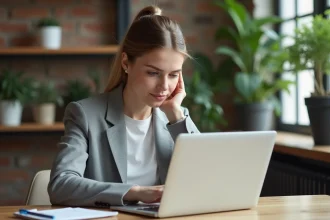 Jeune femme entrepreneur consultant le site Avenir-entreprise.fr sur son ordinateur portable dans un espace de coworking moderne
