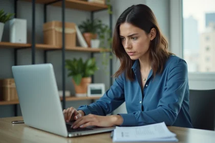 Jeune femme concentr&eacute;e travaillant &agrave; son bureau &agrave; domicile