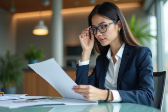 Jeune femme professionnelle examine des flyers dans un bureau moderne