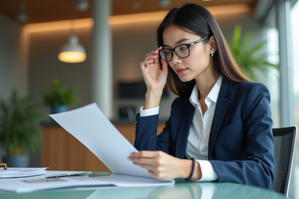 Jeune femme professionnelle examine des flyers dans un bureau moderne