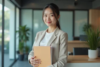 Jeune femme en bureau avec dossier organisé et sourire sincère