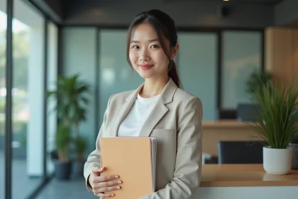 Jeune femme en bureau avec dossier organisé et sourire sincère