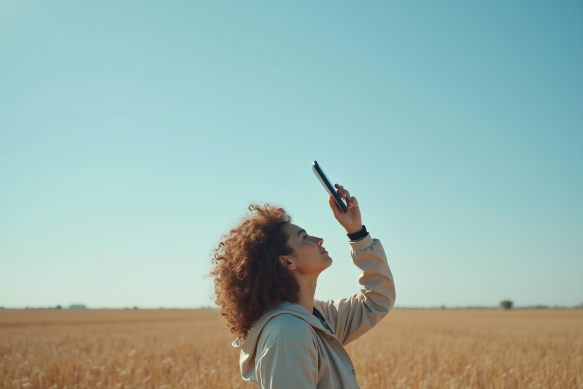Jeune femme regarde le ciel avec son smartphone dans un champ rural