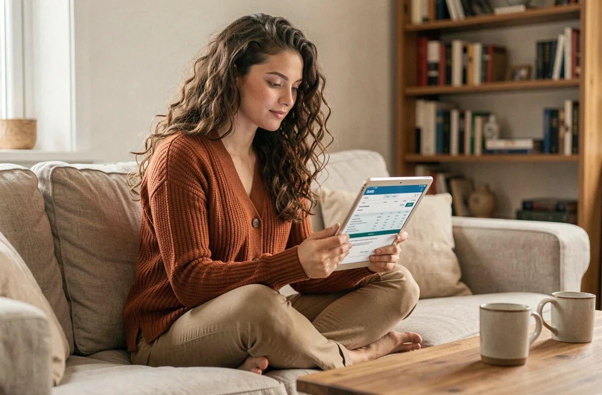 Jeune femme en télétravail consultant son bulletin de paie numérique sur une tablette depuis son salon