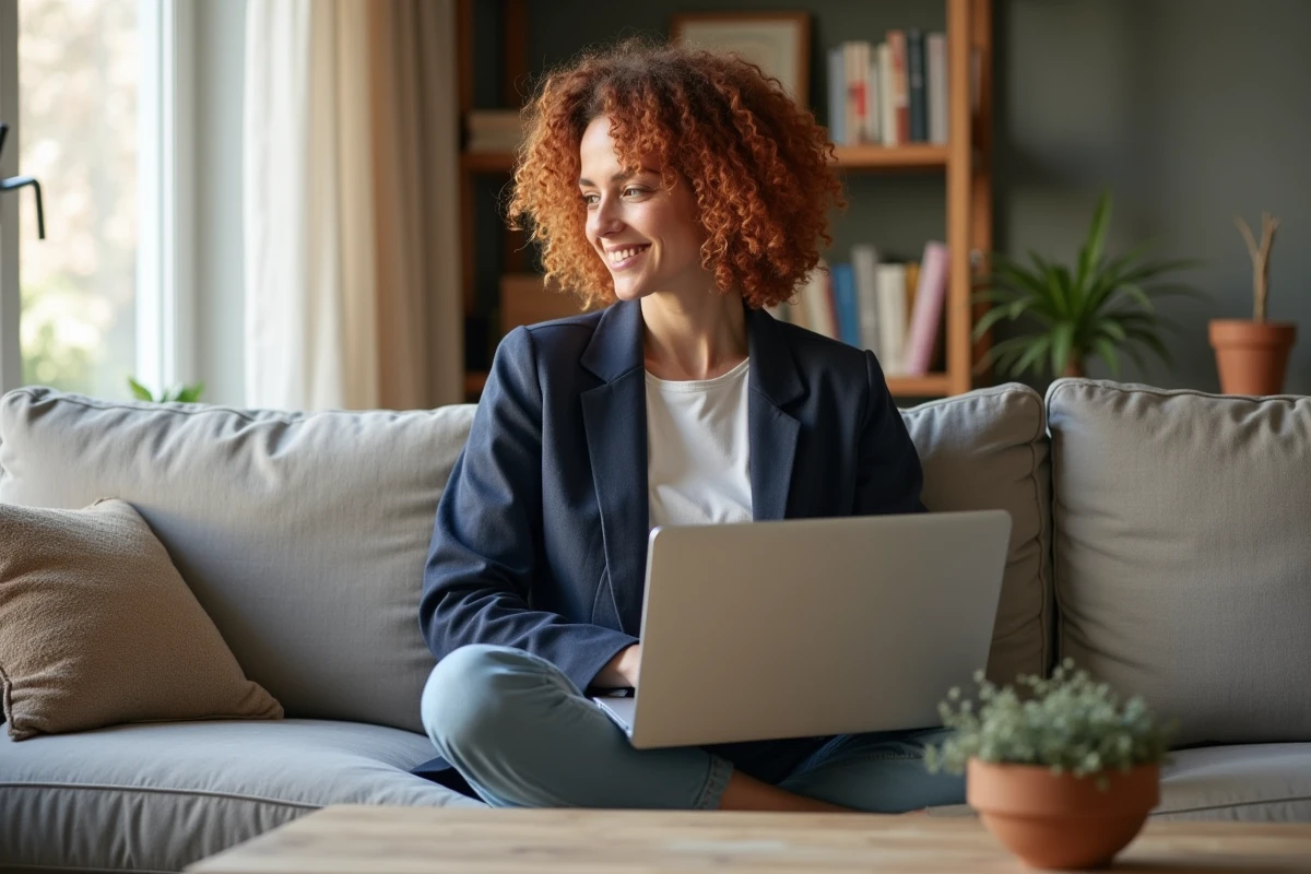 Jeune femme travaillant depuis son salon sur un ordinateur portable, symbolisant la flexibilité et la sécurité d'un CDI en télétravail