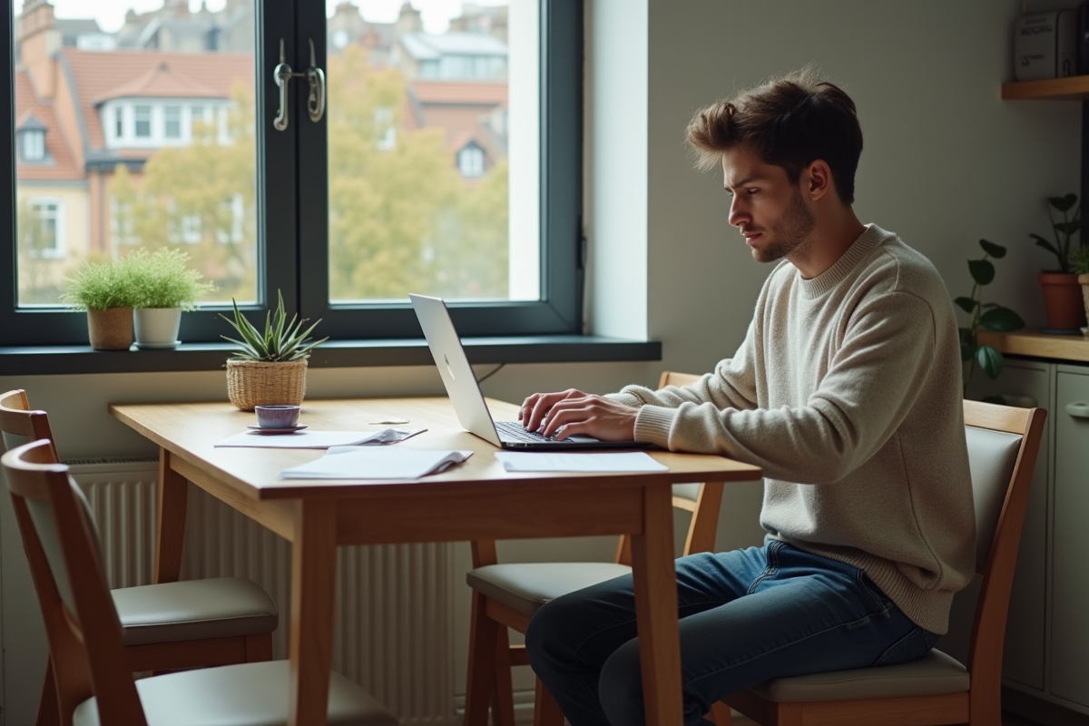 Jeune homme au laptop dans une cuisine lumineuse