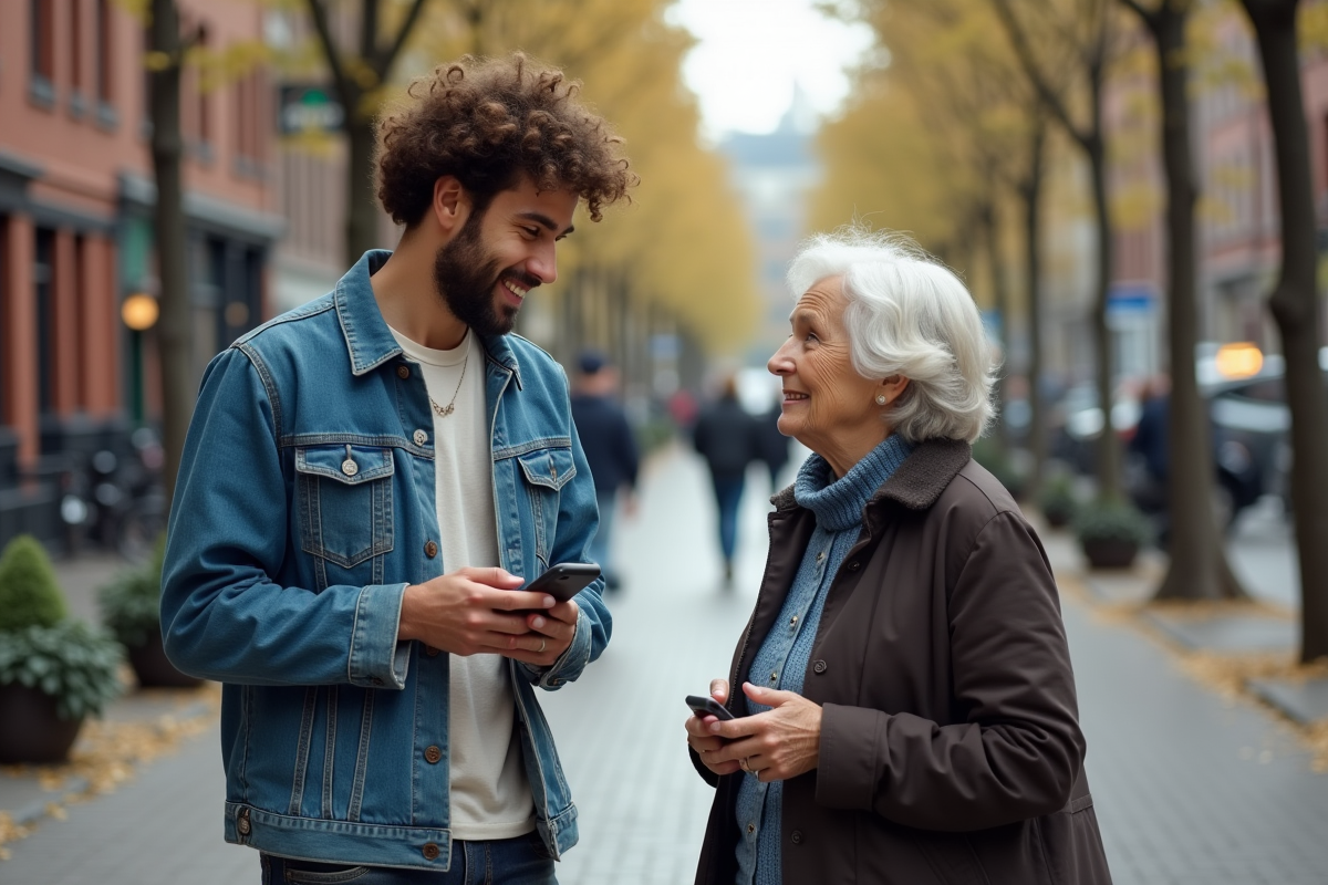 Jeune homme demandant son chemin à une femme âgée