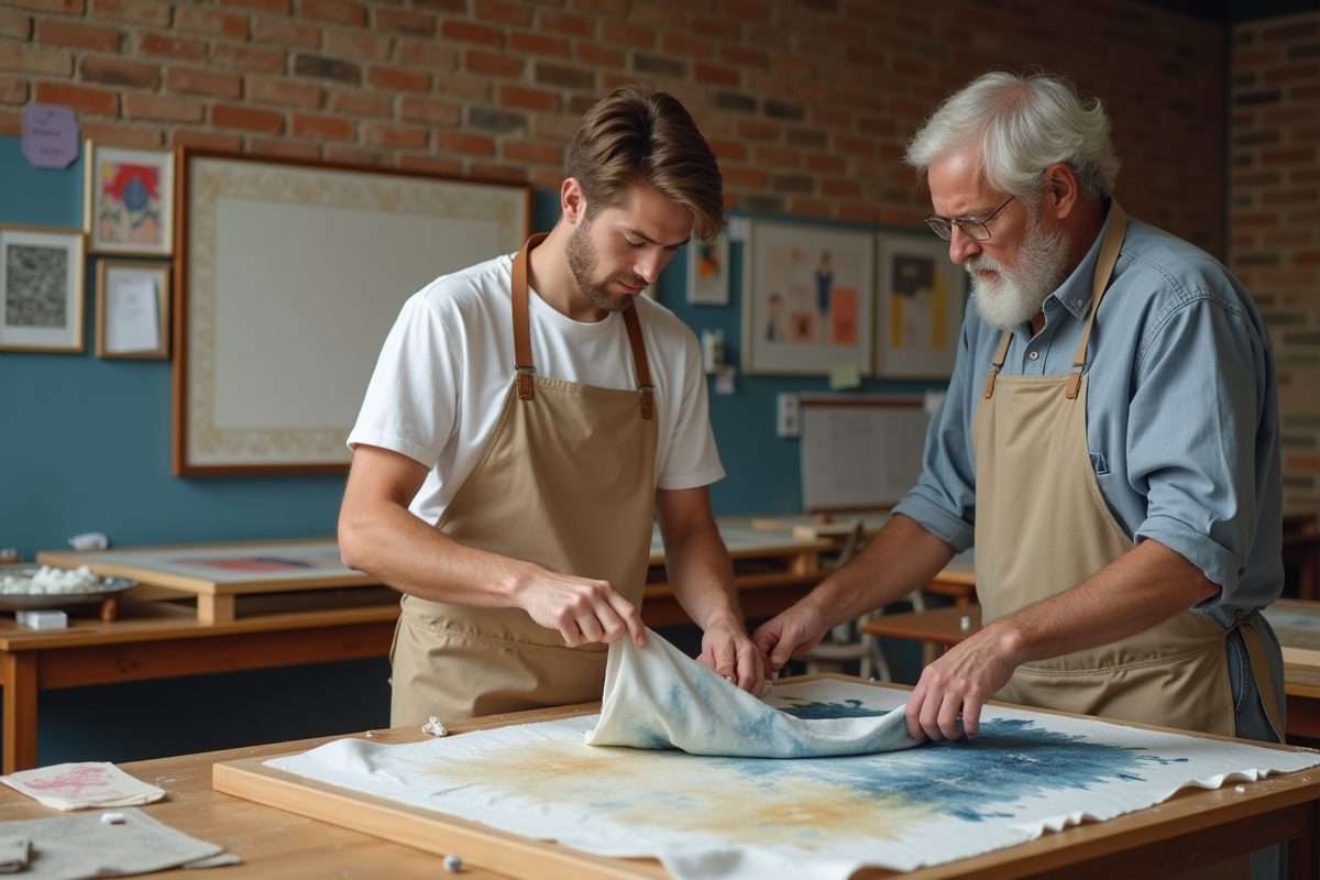 Jeune homme examinant un tissu teint dans un centre artistique
