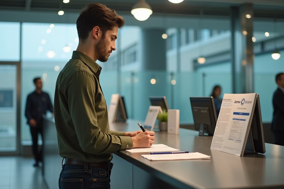 Jeune homme remplissant un formulaire &agrave; la banque