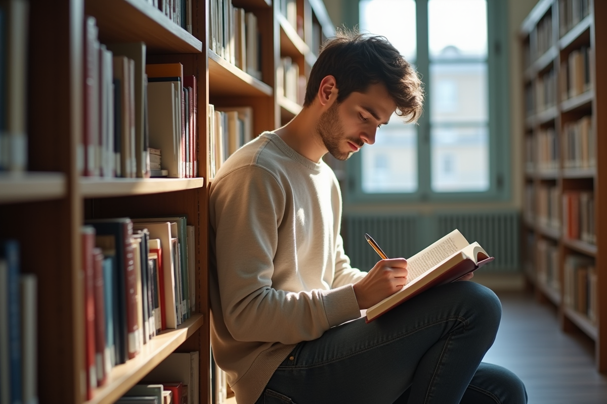 Jeune homme étudiant dans une bibliothèque ensoleillee