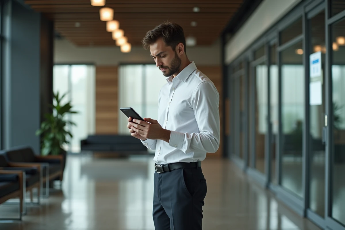 Jeune homme déçu dans un hall d office moderne