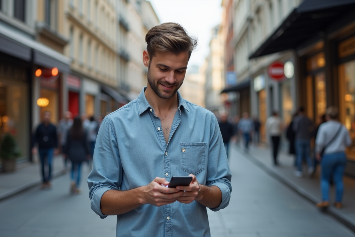 Jeune homme vérifiant ses analyses marketing en ville