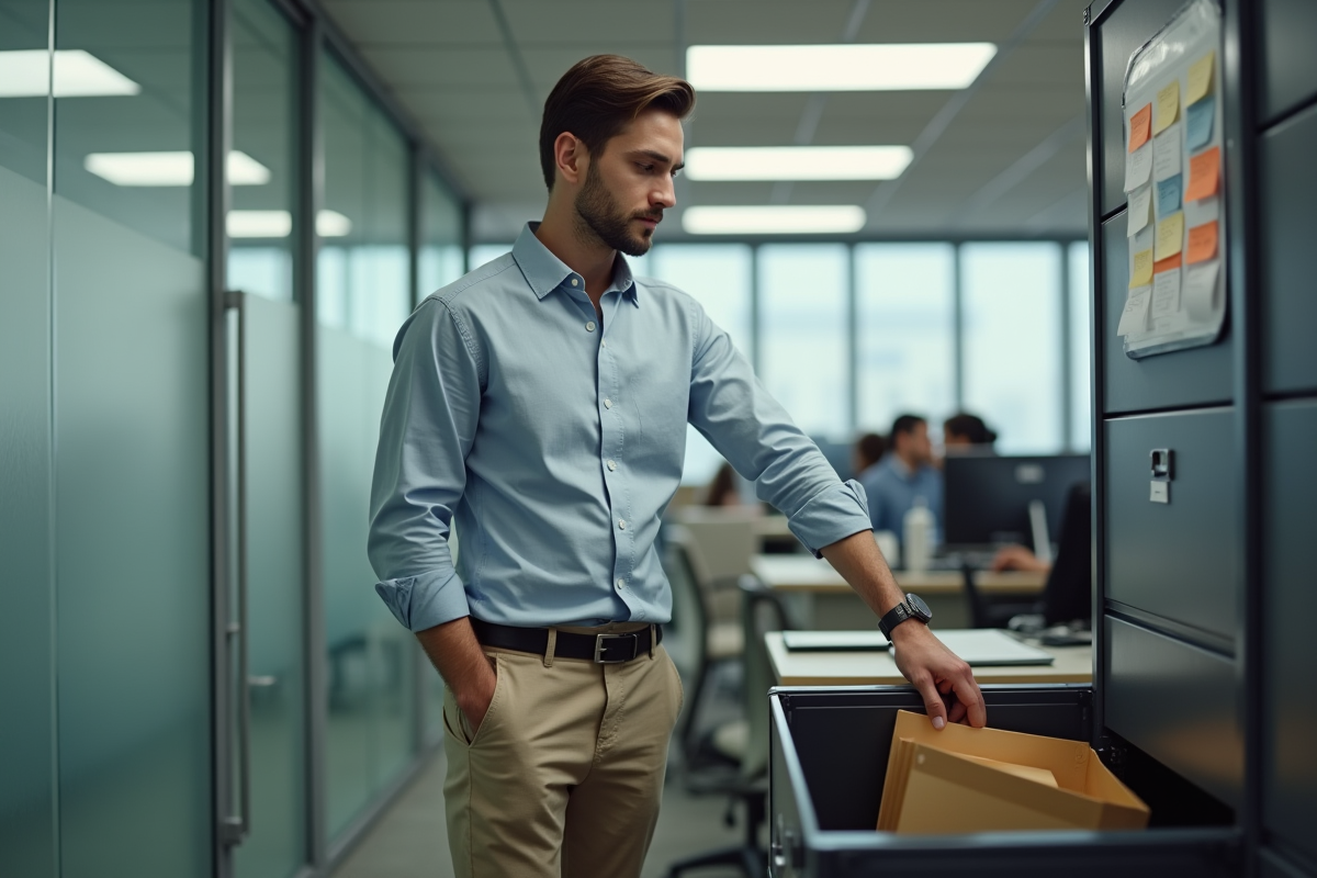 Jeune homme rangeant des dossiers dans un bureau organisé