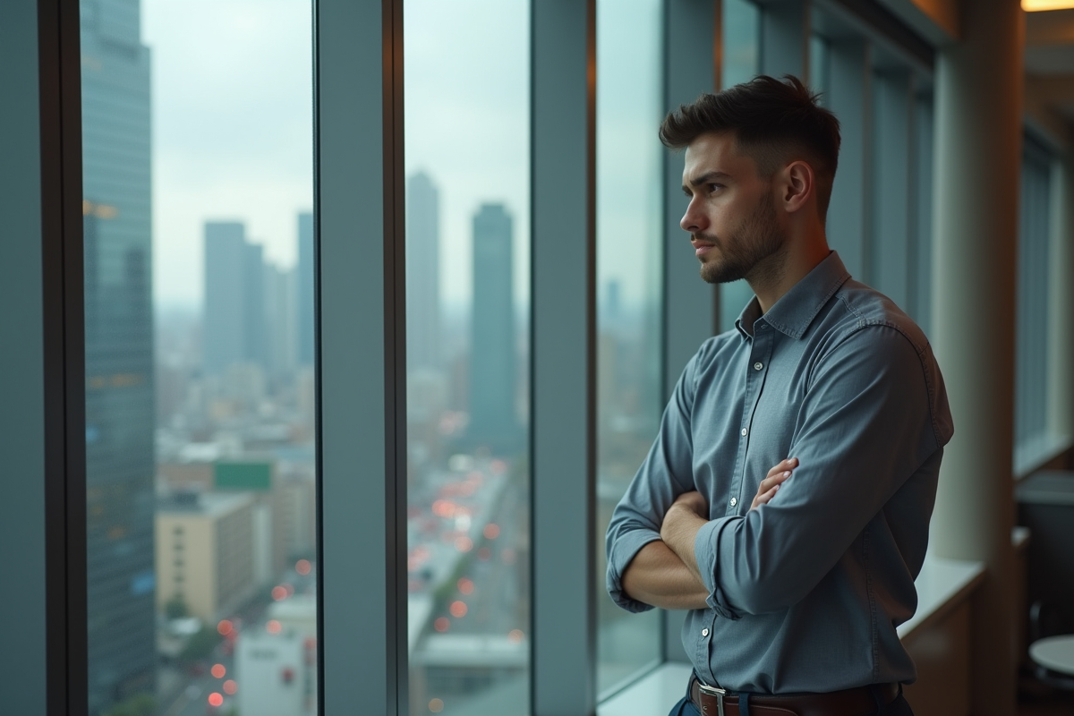Jeune homme regardant la ville depuis la fenêtre