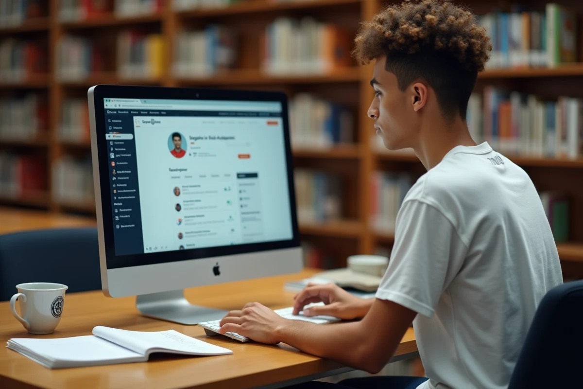 Jeune licencié FFBB gérant son compte extranet FBI V2 dans une bibliothèque publique