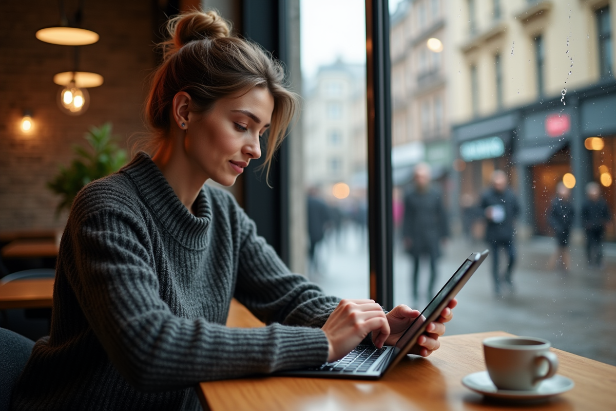 Jeune analyste marketing travaillant sur une tablette dans un cafe