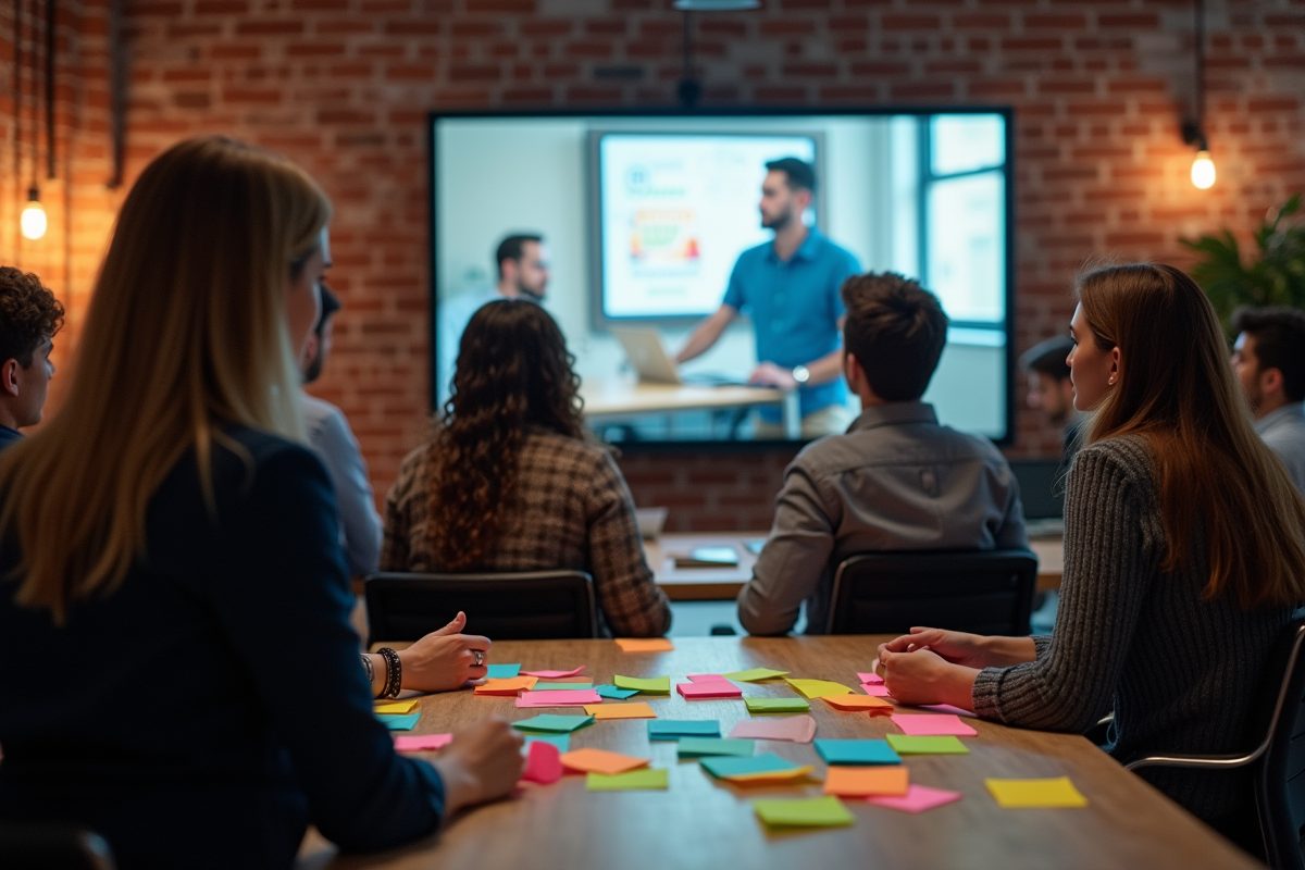 Jeunes professionnels du marketing discutant en studio créatif