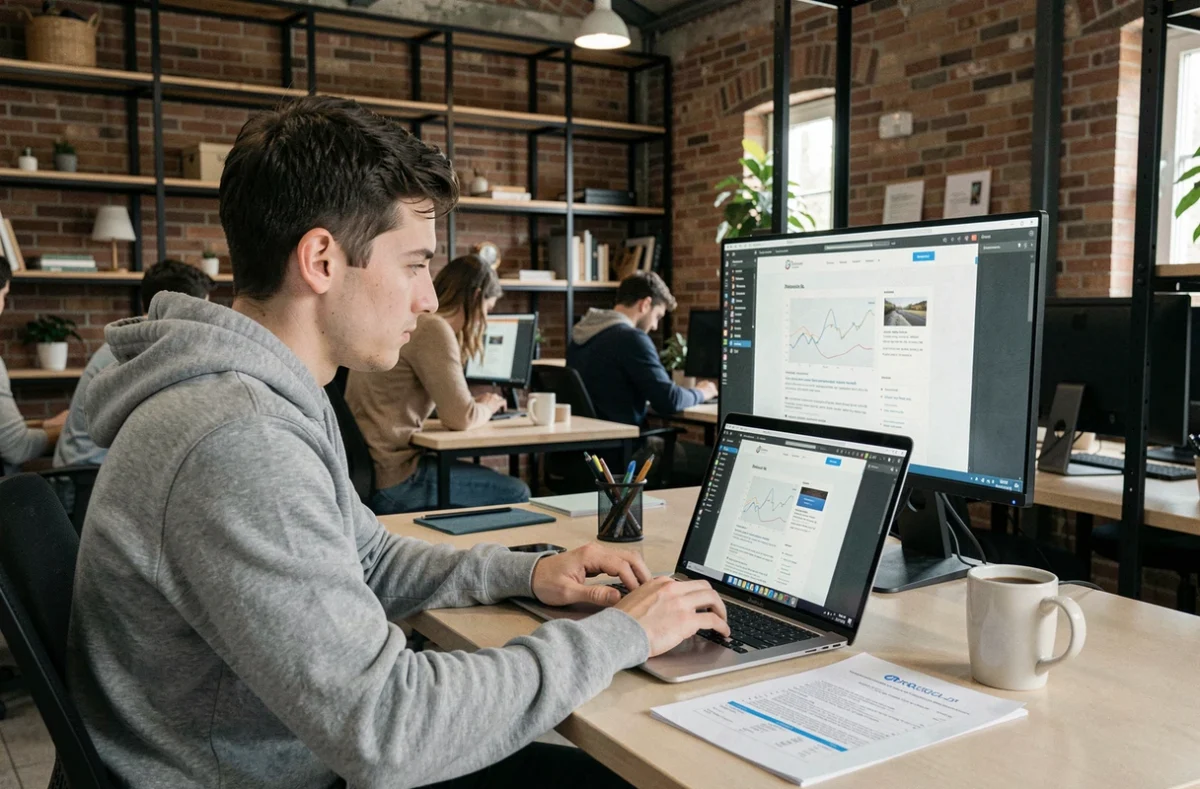 Développeur web de l'agence Keole travaillant sur un site responsive dans un espace de coworking de l'Hérault adapté aux petits budgets