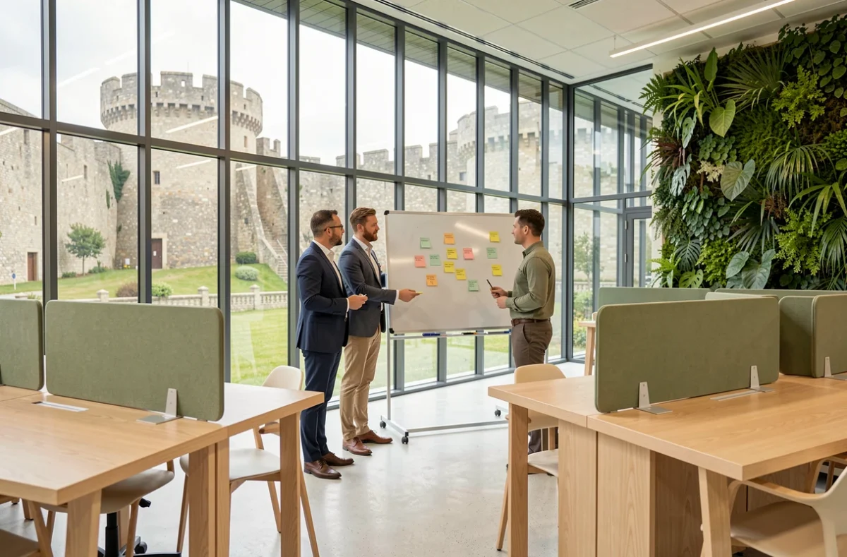 La Maillerie à Vannes, campus de coworking moderne avec mur végétal et vue sur les remparts médiévaux
