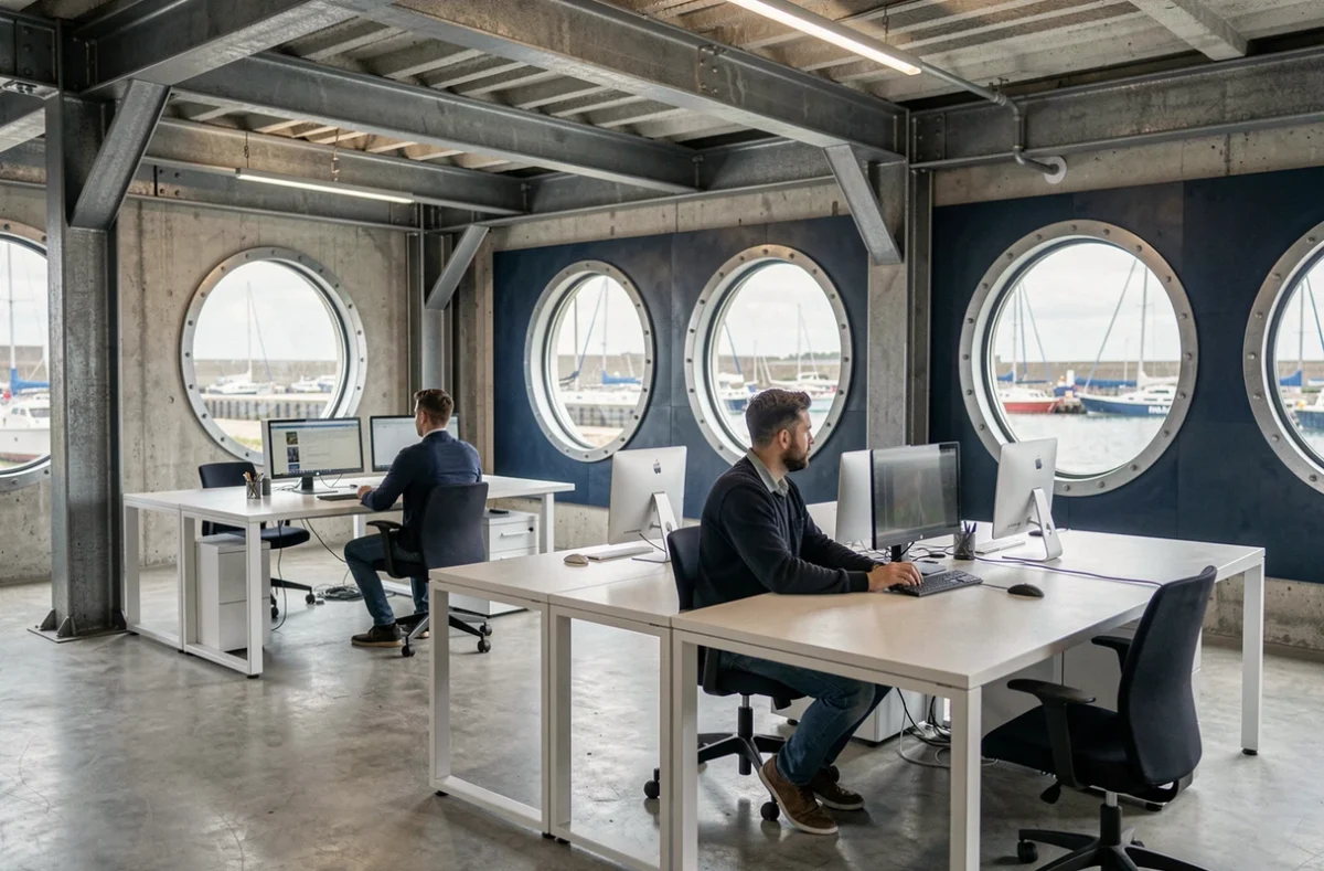 Espace de coworking Le Nautilus à Lorient La Base avec architecture industrielle maritime et vue sur le port