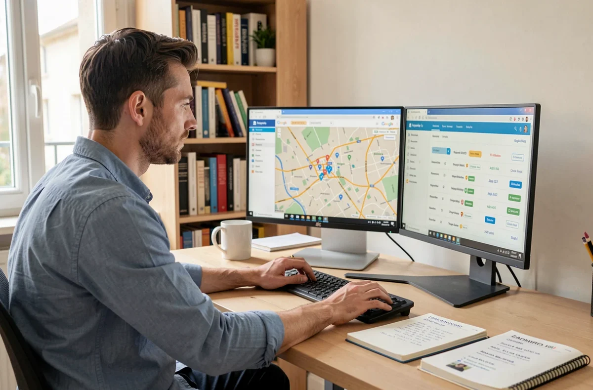 Spécialiste marketing digital de Linkeo gérant des campagnes de référencement local pour des TPE depuis un bureau home-office dans une ville de l'Hérault